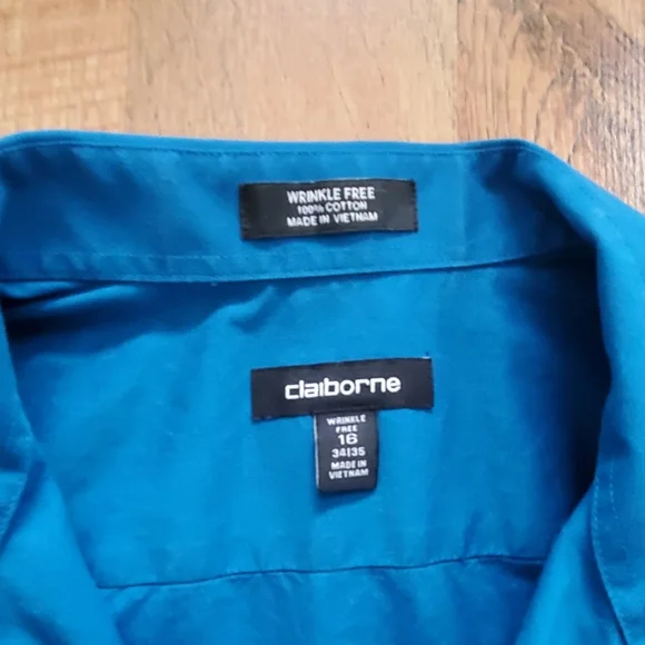Claiborne Mens Solid Teal Long Sleeve Buttondown Shirt Size Neck 16 - Picture 3 of 6